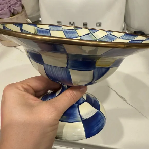 MacKenzie-Childs Blue and Cream Royal Check Enamel Compote Bowl - Picture 5 of 5